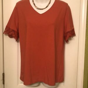 Coral vneck shirt lace detailing dress up or down 58%cotton38%rayon3%spandex